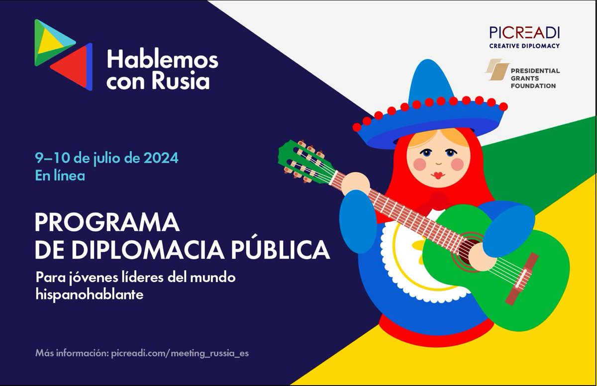 EmbaMexRus's tweet photo. Si eres especialista joven en Relaciones Internacionales, y te interesa conocer más sobre la política exterior de #Rusia 🇷🇺, @picreadi te invita a participar en su Programa virtual de 2 días (9-10jul) "Hablemos con Rusia".  Mayor información en: https://t.co/0hwRdHFyKu https://t.co/1QLGxKiEt6