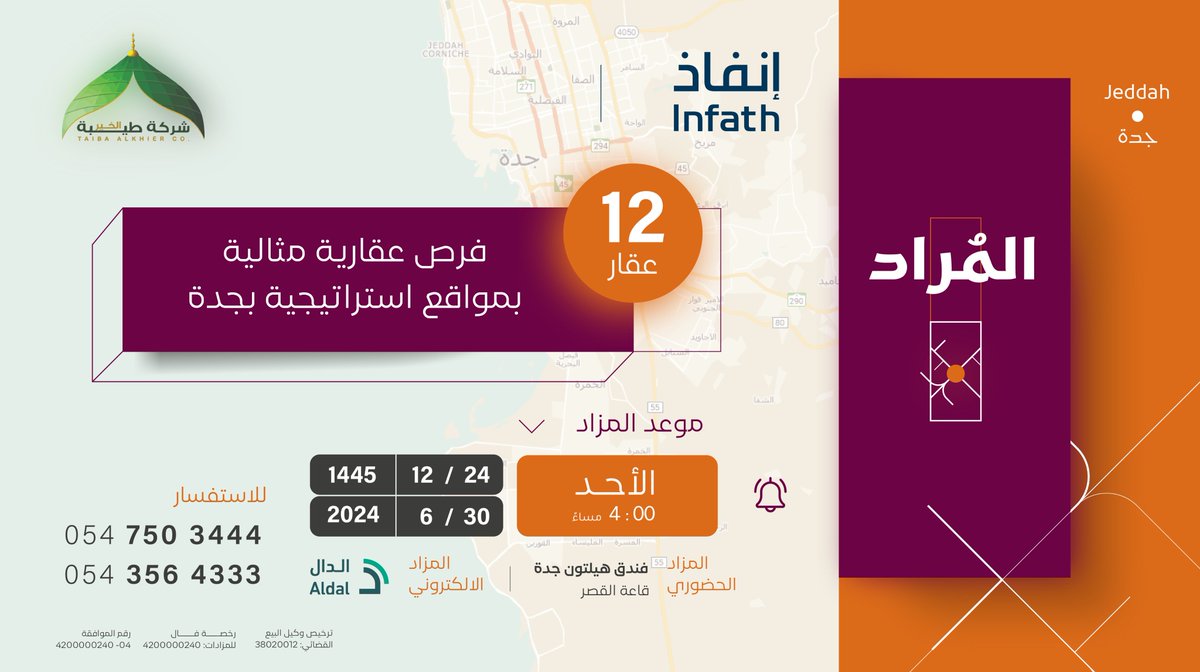 taibet_alkhair's tweet photo. تطرح شركة طيبة الخير تحت إشراف مركز الإسناد والتصفية #إنفاذ وبقرار من محكمة التنفيذ 12 عقارًا تجاريًا وسكنيًا للبيع بالمزاد العلني المدمج (حضوري إلكتروني ) بمحافظة جدة #مزاد_المُراد

كٌتيب المزاد https://t.co/zyHVg7JTb0
@infath_sa | @infathAuctions

#جدة #مزاد #عقار #استثمار