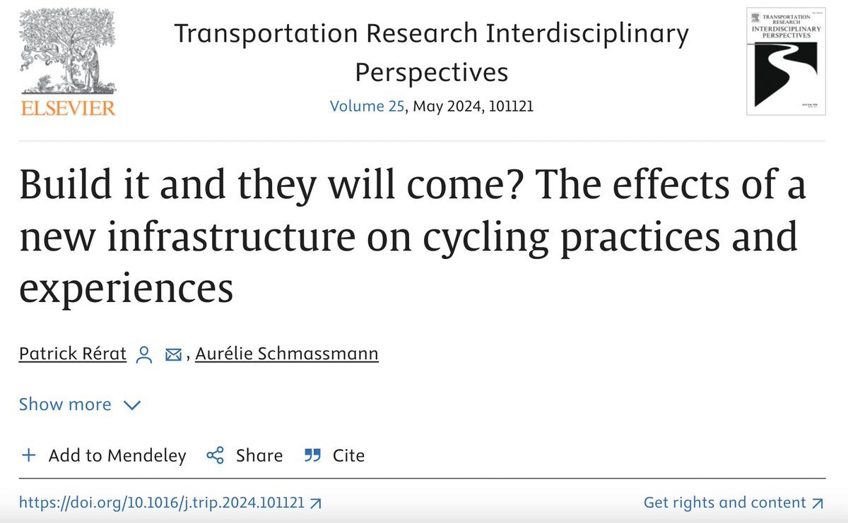 More evidence that new bike lanes lead more people to ride:

In Fribourg, Switzerland, a new bike lane increased cycling traffic 20% during weekdays.

Researchers found "a latent demand that has been triggered by an improvement in cycling infrastructure."

doi.org/10.1016/j.trip…