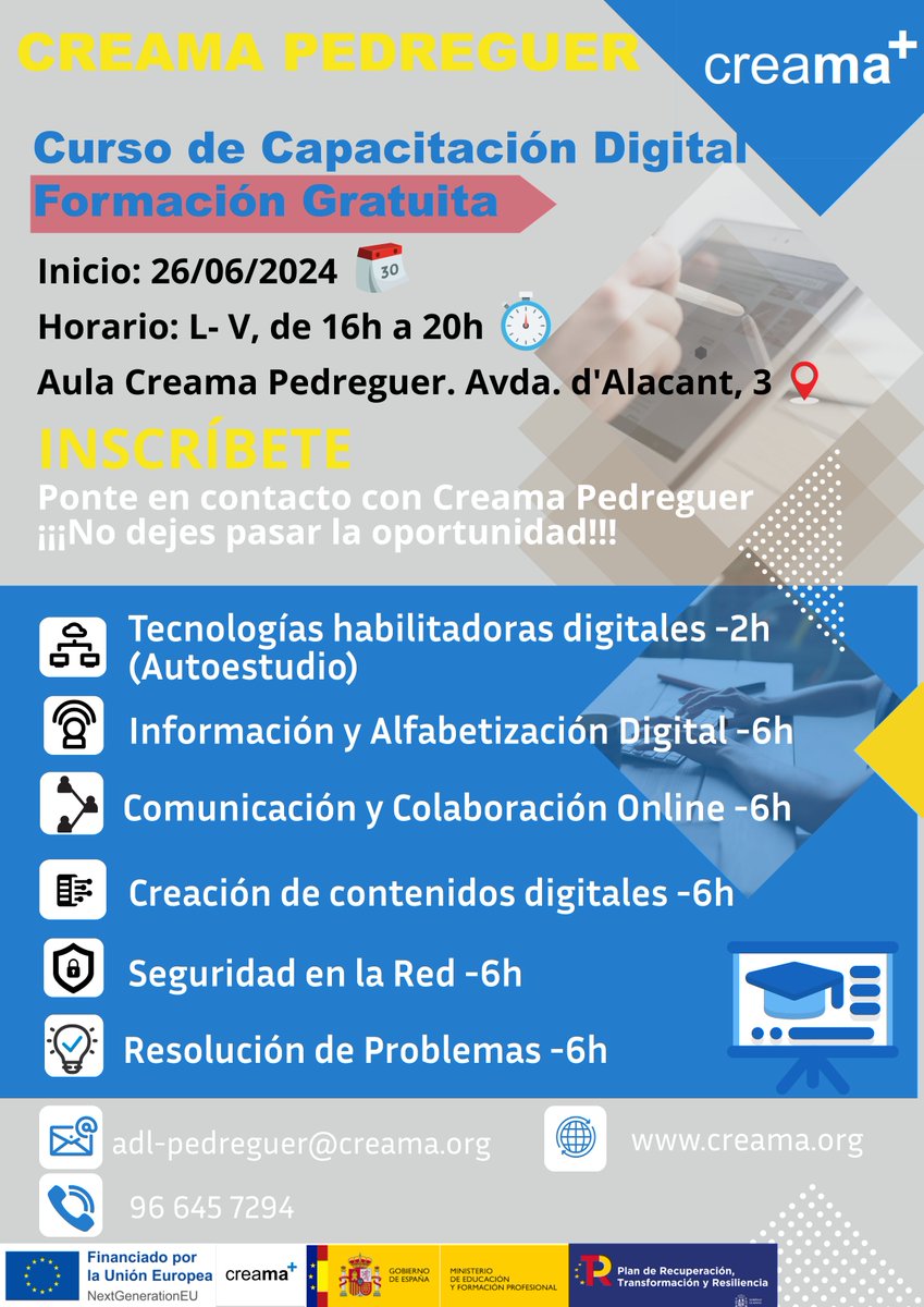 creama_org's tweet image. 📣 ¡Finaliza el primer curso de 𝐂𝐀𝐏𝐀𝐂𝐈𝐓𝐀𝐂𝐈𝐎́𝐍 𝐃𝐈𝐆𝐈𝐓𝐀𝐋! 
#CreamaDenia finalizó el lunes el curso de capacitación digital de 30h de la red estatal de competencias digitales con un gran aforo.

Próximo curso Creama Pedreguer, el 26/06/2024
#CapacitaciónDigital