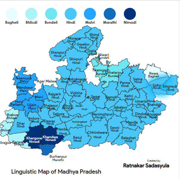 SadaaShree's tweet photo. Created this linguistic map of Madhya Pradesh, certain observations.

Now while Hindi is the major language, there are other languages/dialects too in the state.

Malvi is spoken in Malwa side, that too predominantly in rural Malwa, while Indore, Dewas, Dhar have Malvi speakers, in the cities Hindi dominates. Again Rajgarh has a fairly large number of Malvi speakers.

Bhilodi is spoken in the Tribal districts of Alirajpur, Jhabua, Barwani. Again while it is Bhilali/Bhili in Alirajpur, Jhabua, in Barwani its Bareli variant that is more spoken.

Nimadi is spoken in Khandwa, Khargone.

Again while Marathi is the dominant language in Burhanpur, there are fairly good number of Marathi speakers in Betul, Chhindwara, Balaghat and Indore.

Bundeli is mostly spoken in Chhatrapur, Tikamgarh, Niwari, but even Damoh, Sagar have good number of Bundeli speakers.
Again there are a good number of Bagheli speakers in Satna, Sidhi, while it's dominant in Rewa.

Bhopal City has a large number of Urdu speakers, mainly due to Muslim population, while Gwalior City has a fairly good number of Punjabi speakers.

Jabalpur City on the other hand has a good number of Bengali speakers.

Indore City apart from Hindi has fairly good number of Urdu, Punjabi, Bengali and Marathi speakers. Ujjain City apart from Hindi and Mavli speakers, has good number of Gujarati, Marathi and Urdu speakers too.