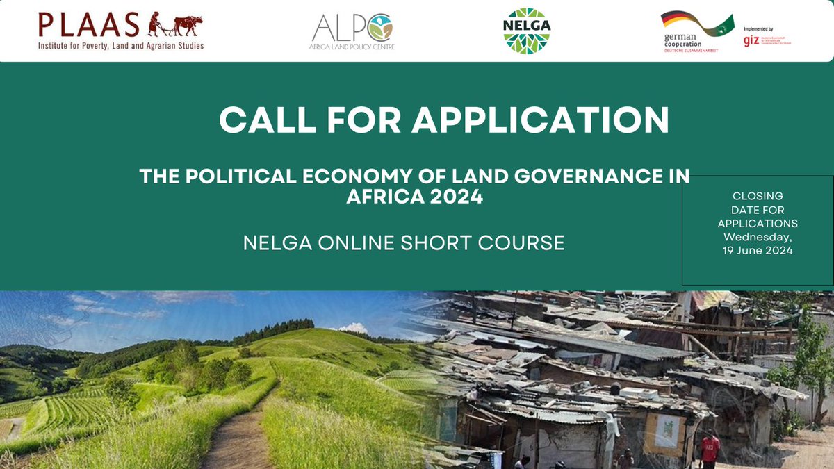 NELGA_AU's tweet photo. 🌍 Apply now for the @NELGA_AU university-accredited online course on Land Governance in Africa!
📅 Date: June 13, 2024
📍 Format: Online via Zoom
🎓 Fully funded by GIZ & UNECA under the NELGA project
🔗 Apply https://t.co/j1MPVIfWhE
#LandGovernance #Africa #PLAAS #NELGA https://t.co/vFCwPusLHp
