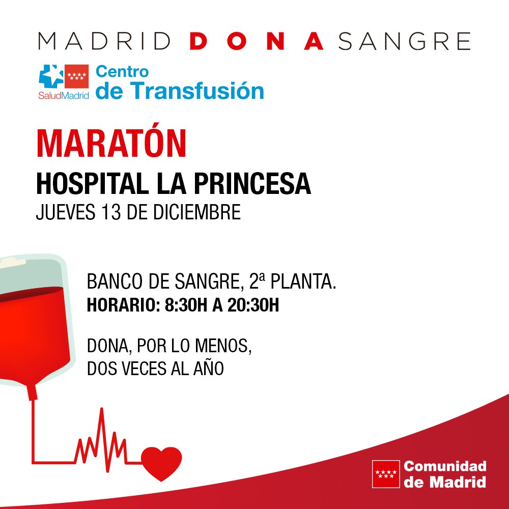 ❣️ Hasta las 20.30h puedes unirte al maratón de donación de #sangre del Hospital La Princesa. 

👉 Si tienes entre 18 y 65 años, pesas más de 50kg y tienes buena salud...¡anímate a #donarsangre!

#donavida, #salvavidas