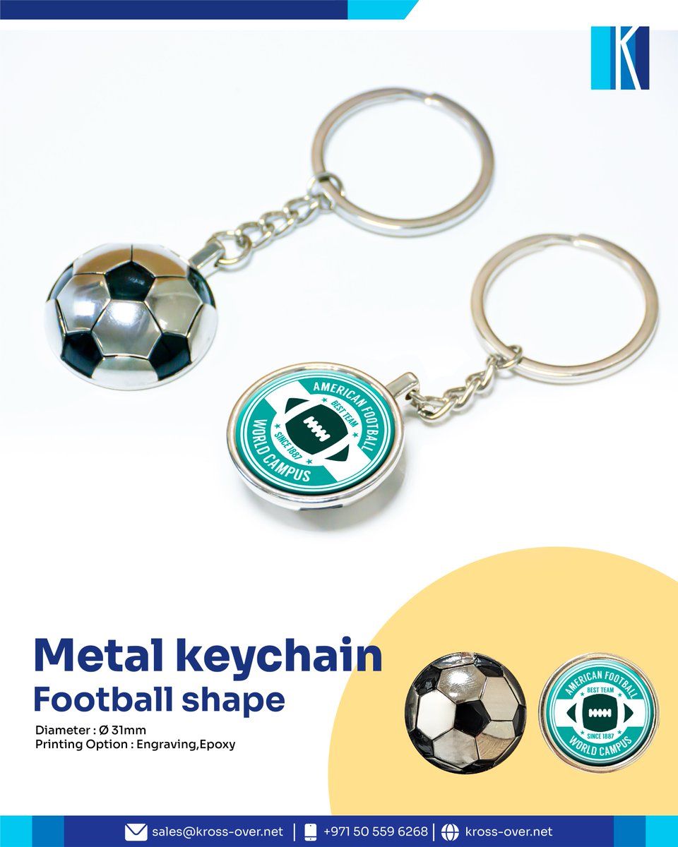 krossovergifts's tweet photo. Upgrade your keychain game with our stylish football-shaped metal keychain! ⚽🏈
🔹 Diameter: Ø 31mm 🔹 Printing Options: Engraving, Epoxy
Perfect for sports enthusiasts! Order now- call +971 50 559 6268.

#FootballKeychain #MetalKeychain #KrossOver #NewArrival https://t.co/GG1f2Ekxre
