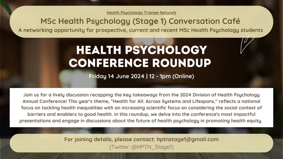 Join us tomorrow for an exciting recap of the #HealthPsychology Annual Conference with the wonderful <a href="/ElleWyke/">Elle Wyke</a>! The theme: "Health for All: Across Systems and Lifespans" promises insights you won't want to miss ✨