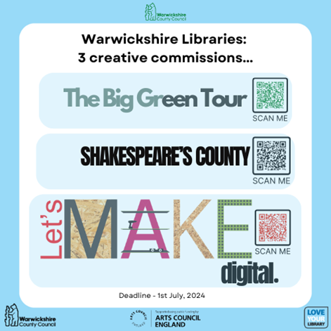 <a href="/warkslibraries/">Warwickshire Libraries</a> has 3 exciting new commissions: 

🌳The Big Green Tour: bit.ly/BigGreenTour
🎭Shakespeare’s County: bit.ly/ShaxCounty
🦾Let’s Make Digital: bit.ly/LMCommission

D/L: 1st July 24

<a href="/ace_national/">Arts Council England</a> <a href="/ace_midlands/">ACE Midlands</a> <a href="/CultureCentral/">Culture Central</a> <a href="/Warwickshire_CC/">Warwickshire County Council</a>