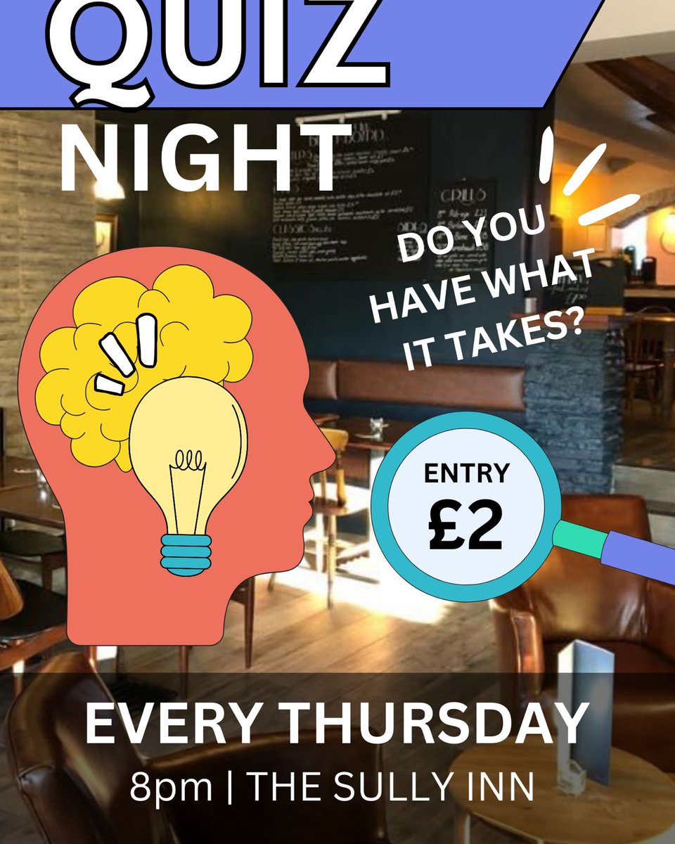 InnSully's tweet image. It's quiz night!! 🤓🧠

Adam is back hosting your Thursday night quiz, join us from 8pm for what is always a good night of fun!

£70 cashprize up for grabs! 💷💷