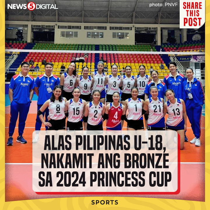 News5PH's tweet photo. Hindi  pinaporma ng #AlasPilipinas ang Australia, 25-13, 25-21, 25-20, para  makuha ang bronze medal sa 2024 #PrincessCup Under-18 SEA Volleyball  Championship sa Nakhon Pathom, Thailand ngayong Huwebes, June 13. #News5 https://t.co/ZypJMd3xEb