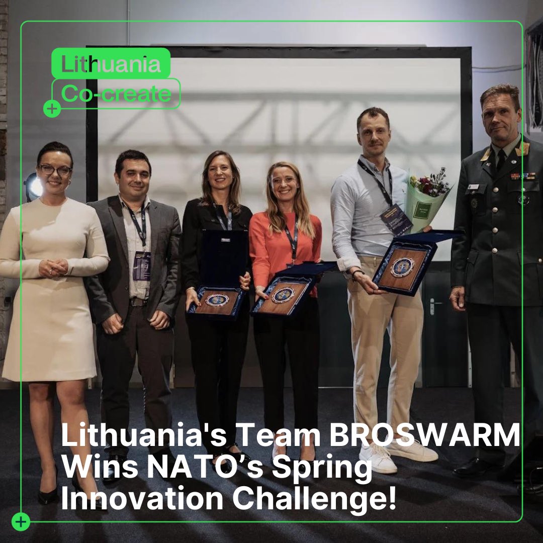 LTembassySE's tweet photo. 🏆 Team BROSWARM from #Lithuania wins big at #NATO’s Spring Innovation Challenge! Their groundbreaking approach to mine detection stood out among 51 entries. Congrats also to 🇱🇹Team UNMANNED DYNAMICS which took second place! #InnovationChallenge #CoCreateSolutions @NATO https://t.co/dq4FRFgIw1