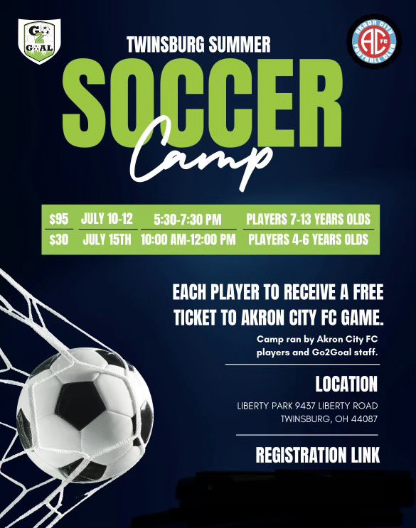 TwinsburgAC's tweet photo. Summer soccer training at liberty Park with @AkronCityFC Register here: https://t.co/e97rtjIZqF https://t.co/a7byEhElHw