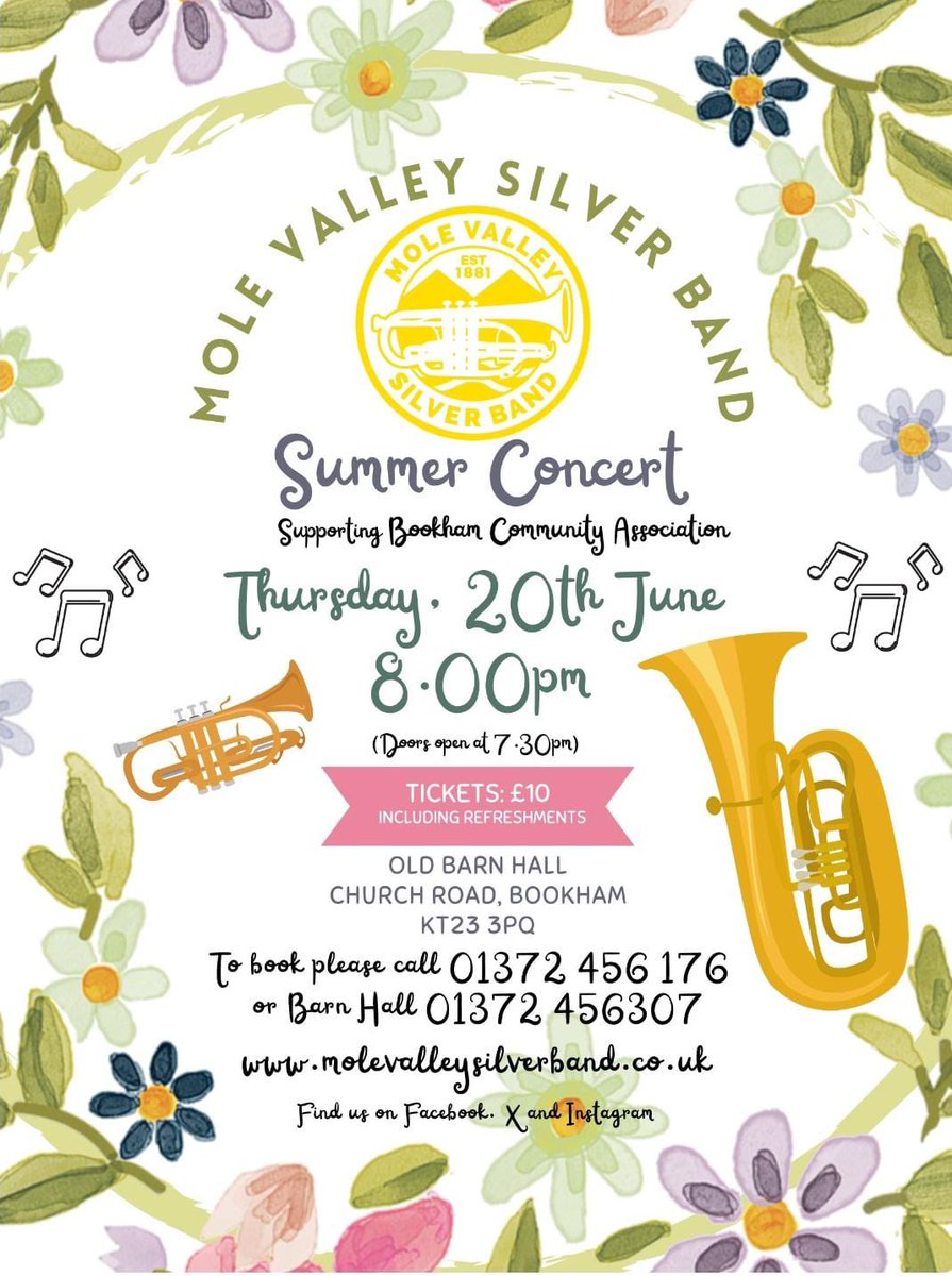 MoleVSBand's tweet photo. 1 week to go until our summer concert! We’re supporting Bookham Community Association. Join us for an entertaining evening of popular, classical and modern arrangements! See below for tickets. See you there! 
#brassband #mvsb #molevalleysilverband #concert #surrey 🎶🎵🎺 https://t.co/XzbnYcGfKc