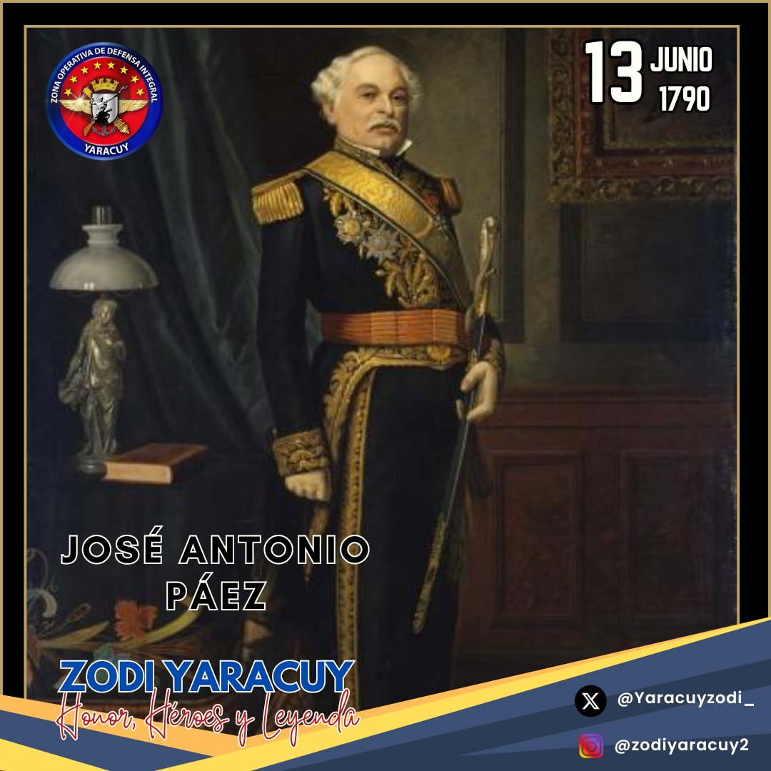 #13Junio || Tal día como hoy hace 234 años Nace José Antonio Páez, conocido como el “Centauro de los llanos”, prócer de la Independencia de Venezuela y líder del Movimiento Separatista la Cosiata, el cual separó a Venezuela de la Gran Colombia.

#ZODIYaracuy
#VenezuelaPotencia
