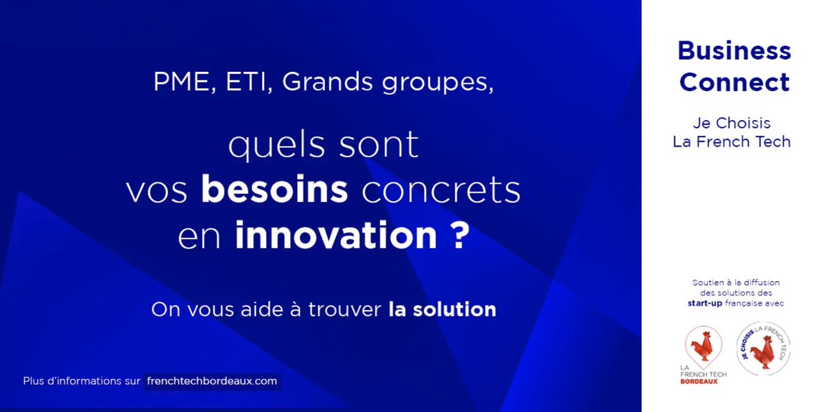 🐓 Business Connect « #JeChoisisLaFrenchTech » : grands groupes, PME, ETI, quels sont vos besoins concrets en innovation ? 🚀

L'objectif 👉 faire émerger des besoins précis en matière d’innovation et doubler la commande publique 🇫🇷

Infos &amp; calendrier 👉 lc.cx/_C5ZbStMGDt