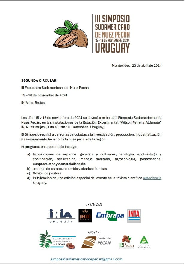 PECANuy's tweet photo. ⚠️Nuestros productores/as les invitan al 
III SIMPOSIO sudamericano de la Nuez #PECAN

Junto a @INIA_UY los esperamos los días: 
15 y 16 de Noviembre https://t.co/XjwWQIAHgk
