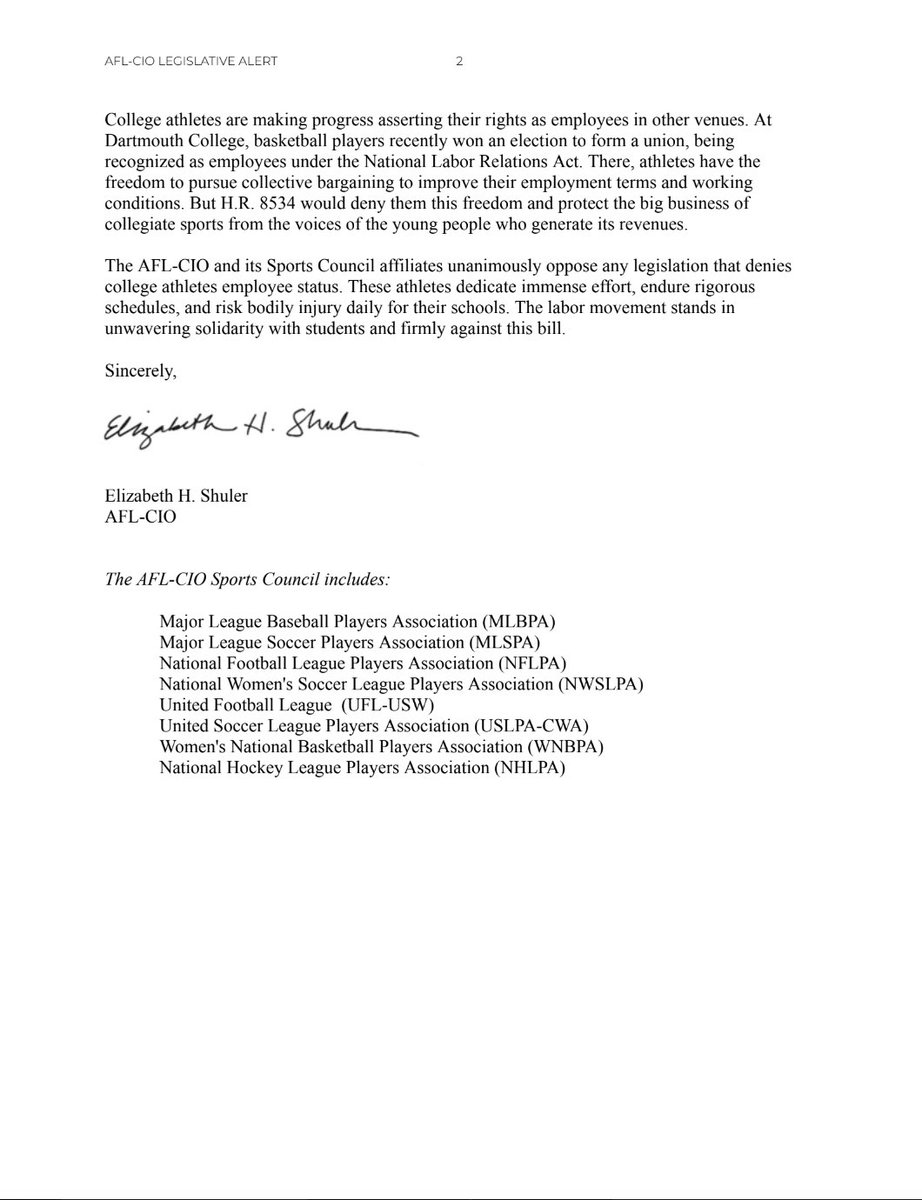 If college athletes are treated like employees, then they are employees. The AFL-CIO and its Sports Council unions - representing pro basketball, football, baseball and soccer players - unanimously oppose HR 8534 and any legislation that denies college athletes employee status.