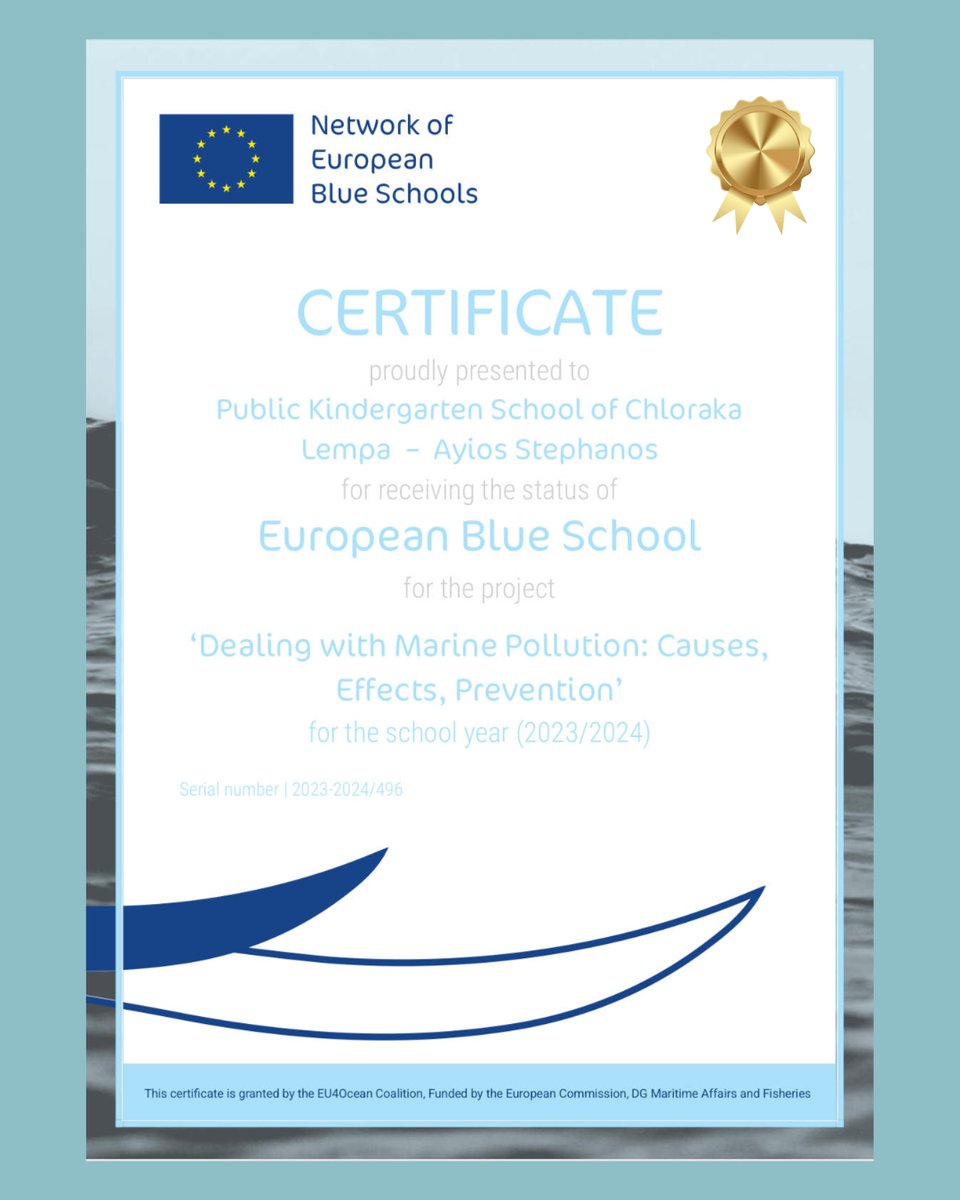 The Pubic Kindergarten of Chloraka-Lempa (Saint Stephanos), has just become a European Blue School for completing and presenting a very successful project entitled “Dealing with Marine Pollution: Causes, Effects and Prevention” for the academic year 2023/2024. #goodnews