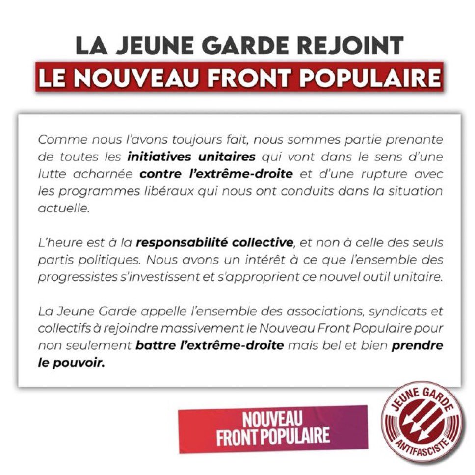 eciotti's tweet photo. La Jeune Garde appelle officiellement à soutenir l’alliance de l’extrême gauche.

Pour rappel, c’est un groupuscule ultra violent qui agresse régulièrement des patriotes.

Voilà avec quoi le PS s’est compromis !

Ne laissons pas la France aux mains de ces délinquants ! https://t.co/Dw4fWjshta