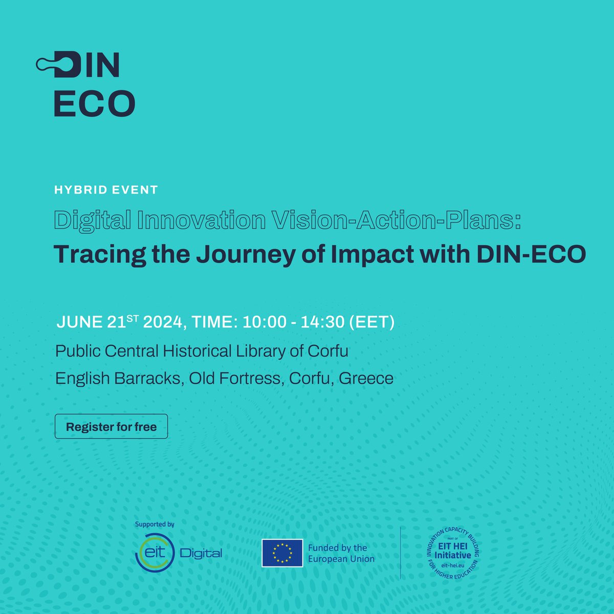 DINECOProject1's tweet photo. ⚪ New Hybrid Event ⚫: Digital #Innovation Vision-Action-Plans: Tracing the Journey of Impact with #DINECO!

📅 Friday, June 21, 2024 | 10:00 - 14:00
📍 Central Public Historic Library of Corfu &amp; Online

Learn more and register for free 🔗 https://t.co/Th1bq46gGs https://t.co/4qd6QNIgxe