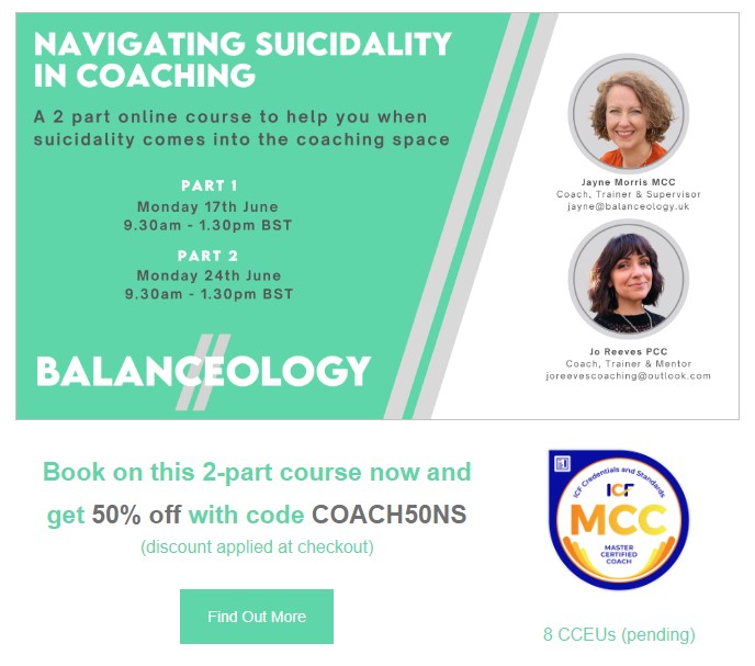 BurnoutExpert's tweet image. What do you do as a #coach when suicidal ideation comes into the coaching space? Our two-part course this Mon 17 &amp;amp; Mon 24 June will help you navigate conversations around this topic &amp;amp; help make clients feel safe balanceology.uk/navigating-sui… #suicideprevention #coachingcourse