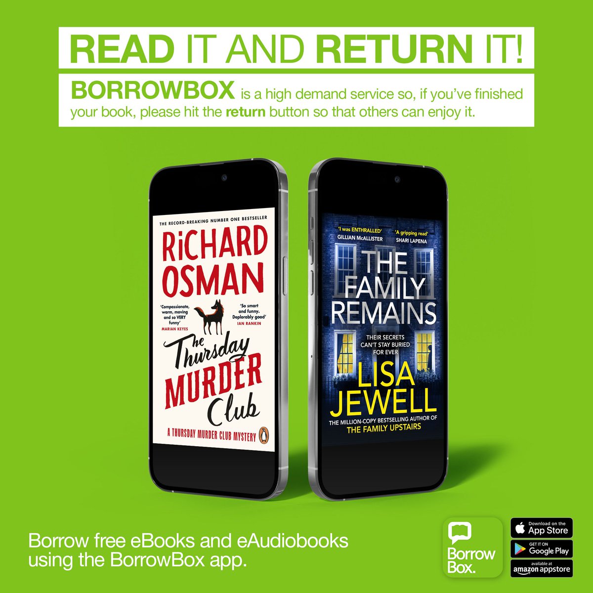Read it and Return it!
#Borrowbox is a high demand service, so if you've finished your book, please hit the 'Return' button so that others can enjoy it.
