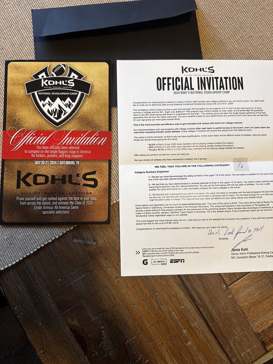 Grateful to be invited to the Kohls National Scholarship Camp!! <a href="/Plymouth_Ball/">Plymouth Football</a> <a href="/KohlsKicking/">Kohl's Kicking Camps</a> <a href="/KohlsHighlights/">Kicking, Punting, Long Snapping Highlights</a> <a href="/kyle_brindza/">@kyle_brindza</a> <a href="/MIexposure/">Michigan Exposure</a>