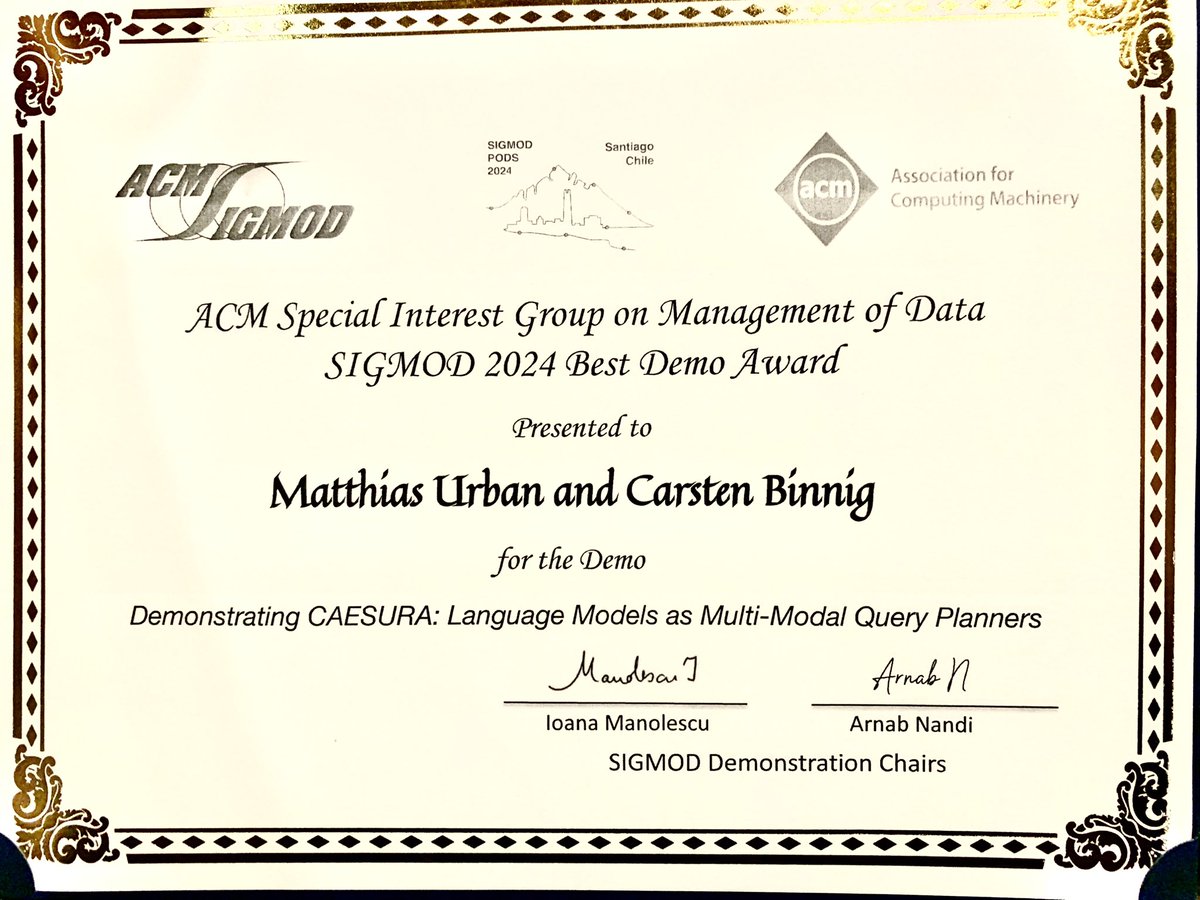 Carsten Binnig (@cbinnig) on Twitter photo I am honored that we just received the best demo award for our demo at <a href="/SIGMODConf/">SIGMOD/PODS 2025</a> 2024. Congrats to my PhD student Matthias Urban <a href="/tuda_systems/">Systems Group @ TU Darmstadt (Moved)</a> for this great work. I am honored that we just received the best demo award for our demo at <a href="/SIGMODConf/">SIGMOD/PODS 2025</a> 2024. Congrats to my PhD student Matthias Urban <a href="/tuda_systems/">Systems Group @ TU Darmstadt (Moved)</a> for this great work.