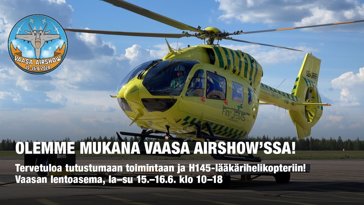 FinnHEMS-lääkärihelikopteritoiminta (@finnhems) on Twitter photo Emme usein pääse ihmisten pariin esittäytymään – ja siksi nyt onkin hienoa suunnata tulevana viikonloppuna #Vaasa Airshow´hun! 🚁
Jätämme näytöslennot muille ja pysyttelemme maanäyttelyn puolella. Tule moikkaamaan!
#HEMS #lääkärihelikopteri #ilmailu #VaasaAirshow <a href="/Ilmailuliitto/">Suomen Ilmailuliitto</a> Emme usein pääse ihmisten pariin esittäytymään – ja siksi nyt onkin hienoa suunnata tulevana viikonloppuna #Vaasa Airshow´hun! 🚁
Jätämme näytöslennot muille ja pysyttelemme maanäyttelyn puolella. Tule moikkaamaan!
#HEMS #lääkärihelikopteri #ilmailu #VaasaAirshow <a href="/Ilmailuliitto/">Suomen Ilmailuliitto</a>