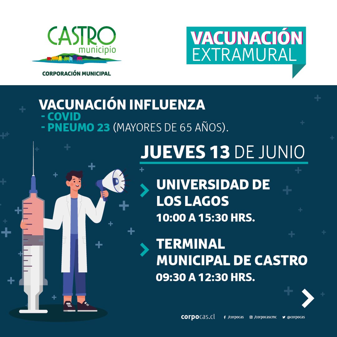 [VACUNACIÓN] Nuestro Departamento de #SaludMunicipal llama a la población objetivo de la campaña de vacunación #covid_19, #influenza y #pneumo23.

Hoy jueves nuestros equipos estarán vacunando en Universidad de Los Lagos Sede Chiloé y #TerminalMunicipal.