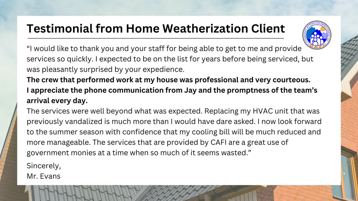 CAFI_Inc_GA's tweet image. It&apos;s #TestimonialThursday! Today, we&apos;re sharing a testimonial we received from one of our home #weatherization clients last month.
Learn more about our home weatherization program at cafi-ga.org.