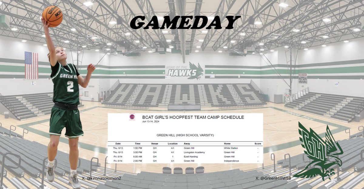 Finally, basketball back on The Hill!  Come check out the <a href="/GreenHillWBB/">Green Hill Lady Hawks</a> at the <a href="/BCATHOOPS/">BCAT</a> Hoopfest today at 1pm and 3pm and tomorrow at 8am and 2pm.  Excited to see our girl <a href="/kennasolomon2/">mckenna solomon</a> back on her home court!  <a href="/sethposton1/">Seth Poston</a> @ttp2027odom <a href="/MeadeHoops/">Amanda Meade</a> <a href="/TheTNReport/">TheTNReport</a> <a href="/PGHTennessee/">Prep Girls Hoops Tennessee</a>