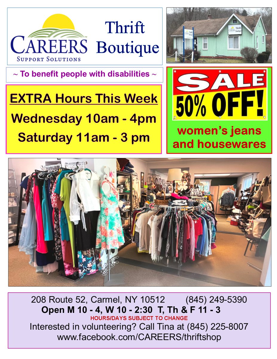 Wide Leg, boot cut, straight, ankle length... why choose  one? Women's jeans are currently 50% off at the Thrift Boutique!  Looking to entertain and host a summer dinner party?  Housewares are also 50% off so pick out the perfect tableware with your new pair of jeans.