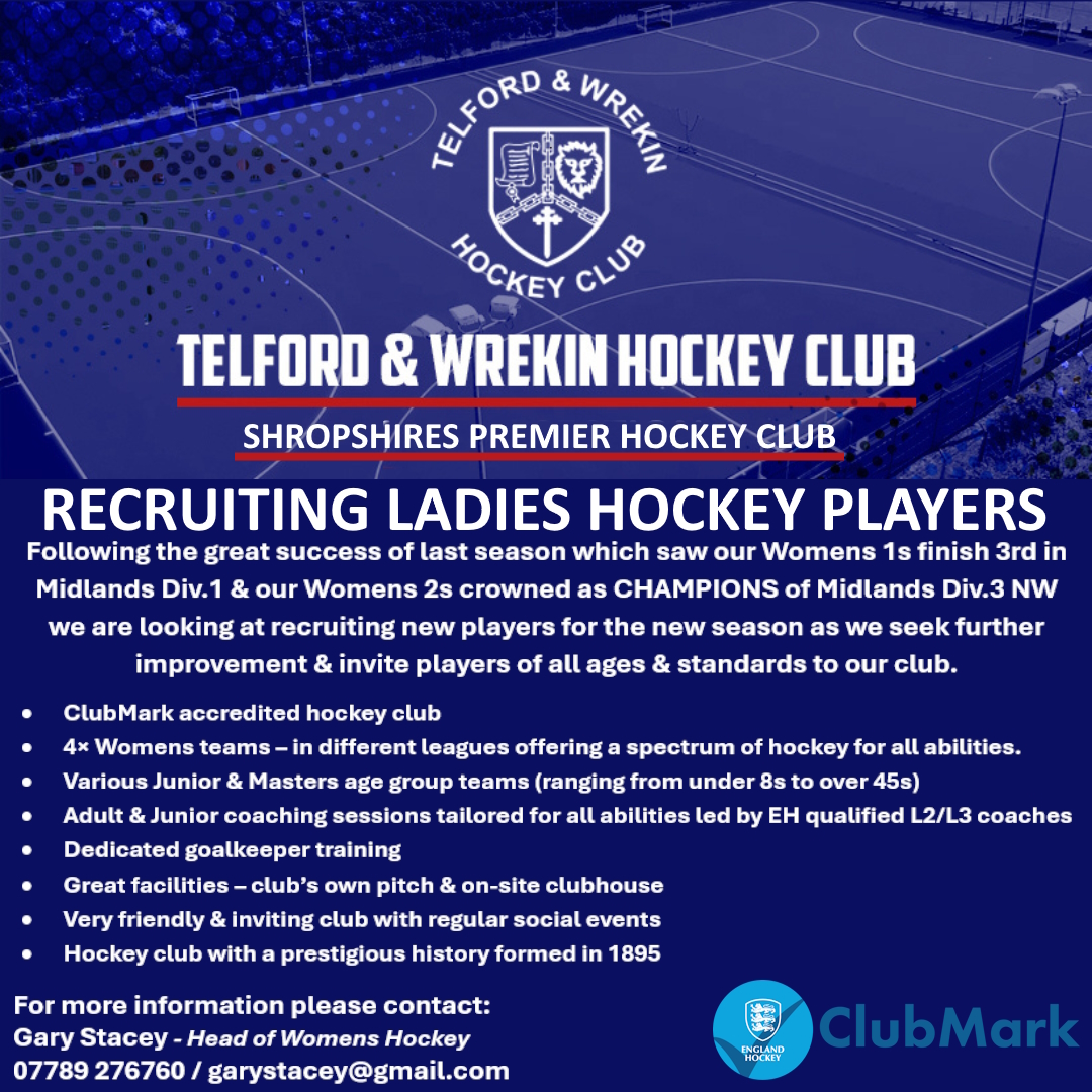 TelfordWrekinHC's tweet photo. Telford &amp; Wrekin HC are recruiting new Ladies players for the 24/25 season.
Players of all ages &amp; abilities are welcome - so come and be a part of our sociable, inclusive, prestigious &amp; ambitious hockey club.

For more info get in touch or visit our website/social media 🔵🔴🏑 https://t.co/j5XZsYTlu0