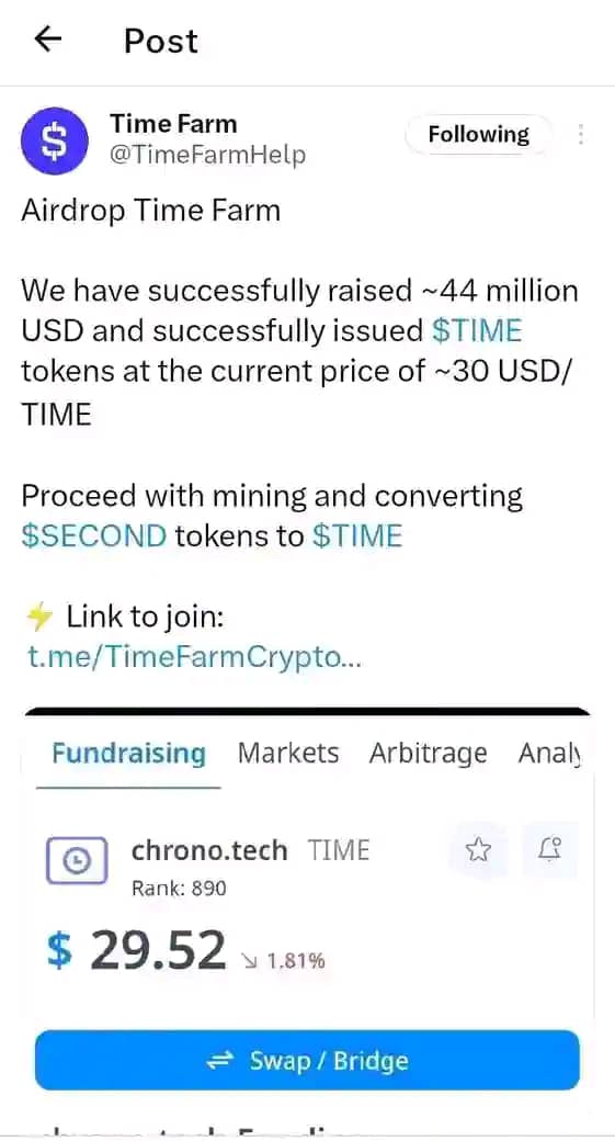 If there's anything you need to start early in other to win big is no other project than $TIME posted also by BYBIT

 _$TIME has raised $44M and it's set to move faster and end it mining within a short period of time_ 

Link

t.me/TimeFarmCrypto…
Please don't fade 🙏#farming