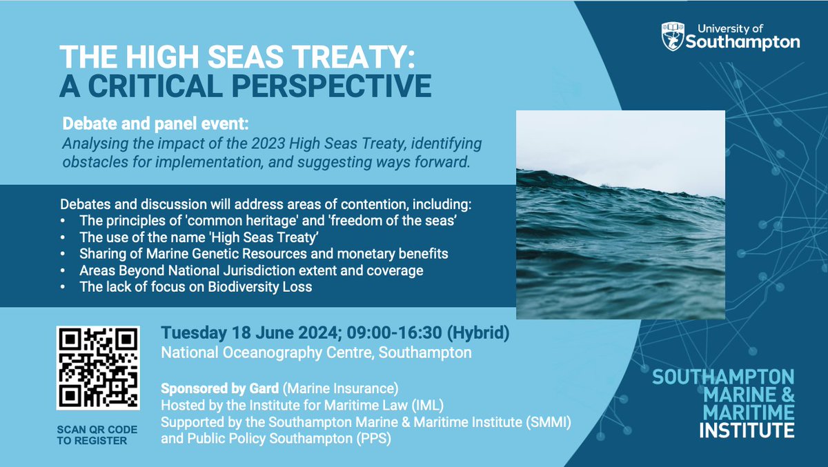 Southampton Marine & Maritime Institute (@uos_smmi) on Twitter photo Next week: The <a href="/ImlSouthampton/">IML Southampton</a> is hosting an event to explore and critique the implications and obstacles of the #HighSeasTreaty
🗓️ Tuesday 18 June 2024; 09:00-16:30 (Hybrid)
📍 National Oceanography Centre (SO14 3ZH)
🎟️ Register at lnkd.in/eh9ErM8A Next week: The <a href="/ImlSouthampton/">IML Southampton</a> is hosting an event to explore and critique the implications and obstacles of the #HighSeasTreaty
🗓️ Tuesday 18 June 2024; 09:00-16:30 (Hybrid)
📍 National Oceanography Centre (SO14 3ZH)
🎟️ Register at lnkd.in/eh9ErM8A