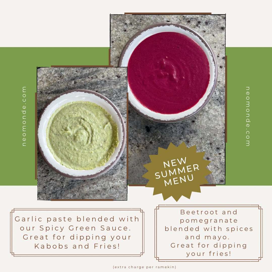 Introducing our NEW flavors to elevate your meals. spice things up with our bold Spicy Green Toum – a garlicky dip that's amazing with kabobs and fries. 🌶️🧄 
And our Pink Pom Sauce, a sweet and tangy blend of beetroot and pomegranate, perfect for dipping fries as a fun