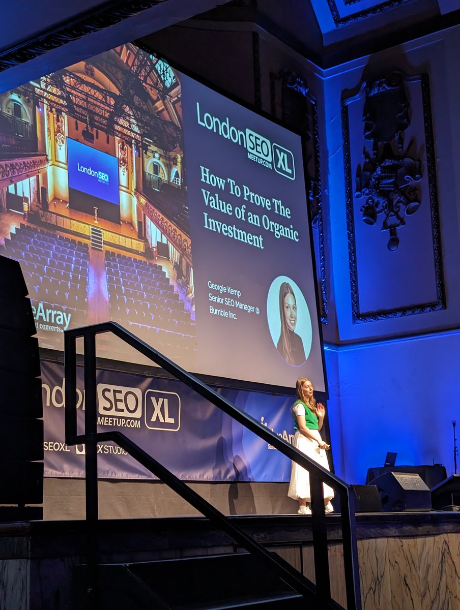 Kicking us off after lunch is <a href="/GeorgieSEO/">Georgie Kemp</a> talking about how to prove the value of organic investment 🫶