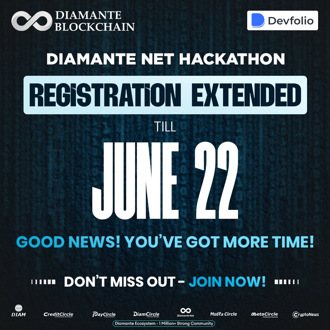 diamante_io's tweet image. 🚀 Exciting News! Registration for The Diamante Net Hackathon 2024 Extended! 🚀

Great news for all developers, innovators, and blockchain enthusiasts! We’re thrilled to announce that the registration deadline for The Diamante Net Hackathon 2024 has been extended until June 22!…