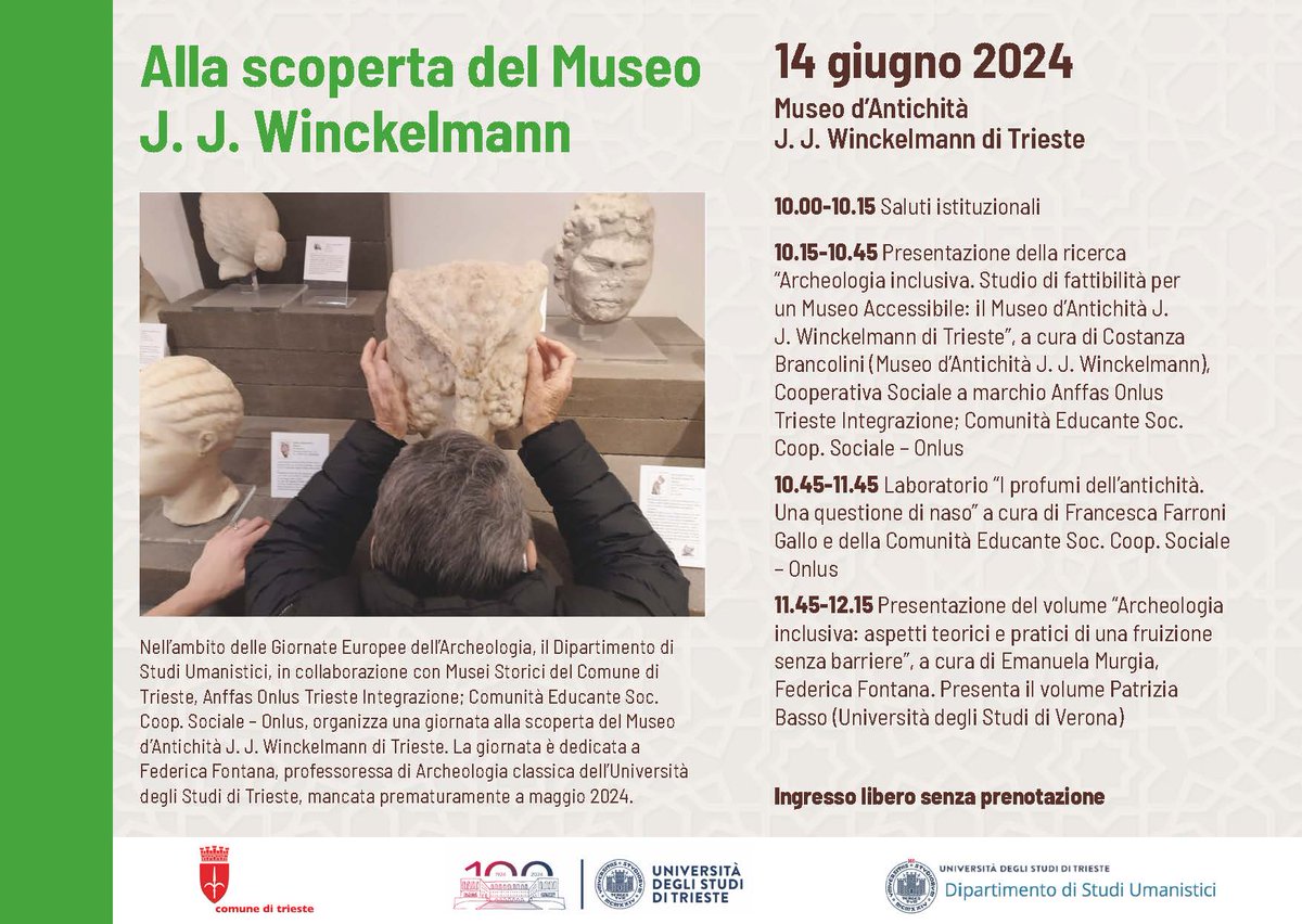 Domani 14 giugno al Museo Winckelmann, in Piazza della Cattedrale a Trieste, alle ore 11.45  sarà presentato il volume EUT "Archeologia inclusiva: aspetti teorici e pratici di una fruizione senza barriere", a cura di Emanuela Murgia e Federica Fontana >> bit.ly/acheo13_EUT