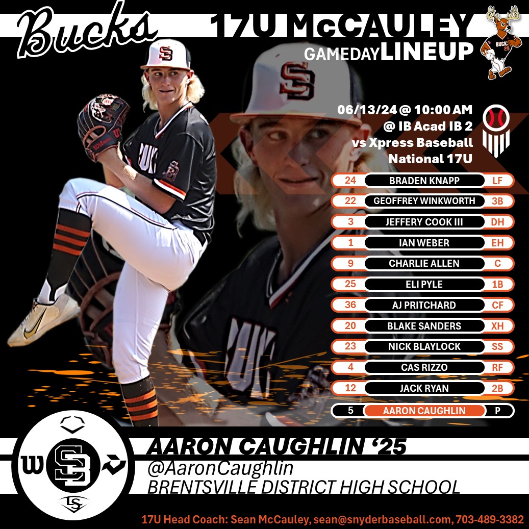 SnyderBaseball's tweet image. GAMEDAY LINEUP 17U McCAULEY
Check out our gameday lineup for our first game of the summer at the @PrepBaseballVA #MAPI tournament. @AaronCaughlin gets the pearl for game#1, which is set to start at 10AM. Follow along on @GCsports. We are "Snyder Bucks 17U".
Good luck BUCKS!!!! 🦌