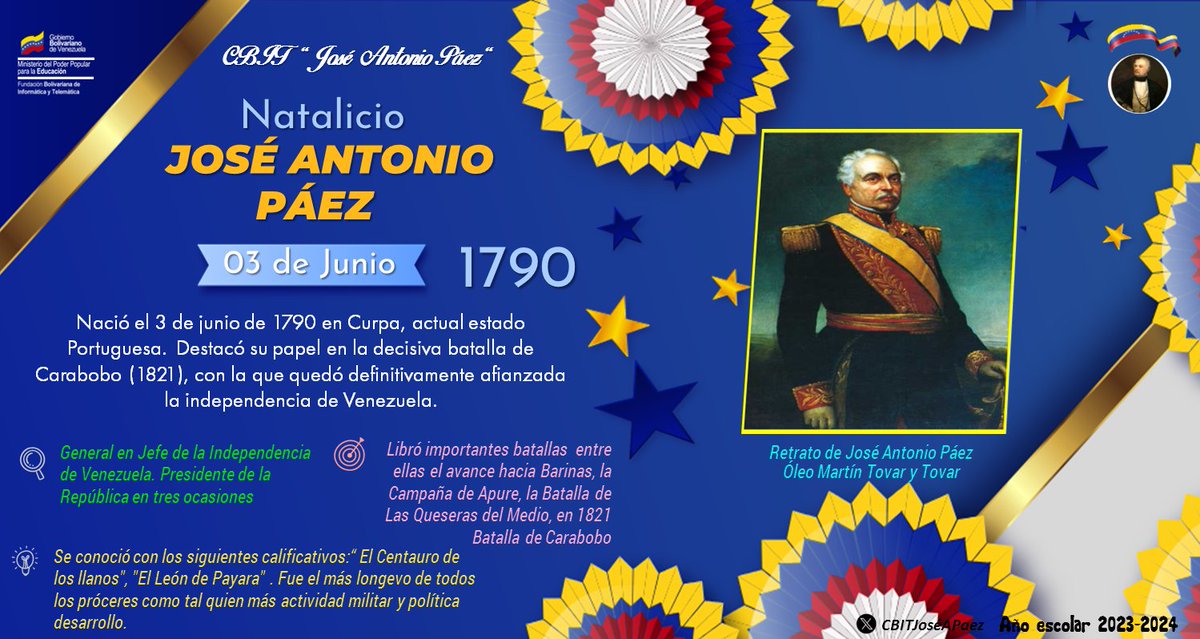 Nace José Antonio Páez (1790) Militar y político venezolano, jefe del Ejército nacional,  jefe militar del departamento de Venezuela y presidente de  Venezuela <a href="/FundabitAragua/">FUNDABIT ARAGUA</a> @MPPEDUCACION <a href="/FundabitB/">Fundabit Bolívar</a> <a href="/juntaregionalc1/">Oficina Regional Electoral Bolivar</a> <a href="/CanaimaGNULinux/">Canaima GNU/Linux</a> 
#VenezuelaPotencia