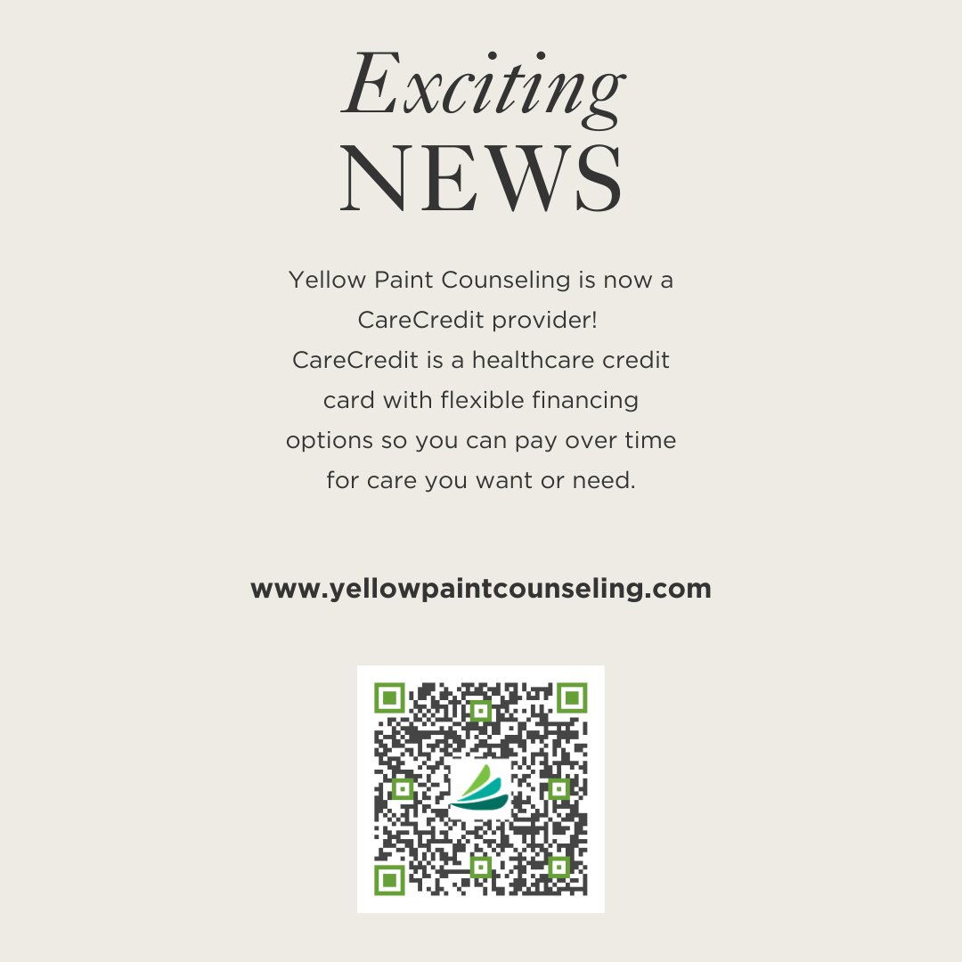 yellowpaintpllc's tweet photo. Thrilled to announce that we're now a CareCredit provider! Accessible healthcare financing just got easier for our clients. Yellow Paint Counseling is committed to ensuring quality care remains within reach. Learn more about our payment options today! #CareCredit #Healthcare https://t.co/4hfZM0chqQ