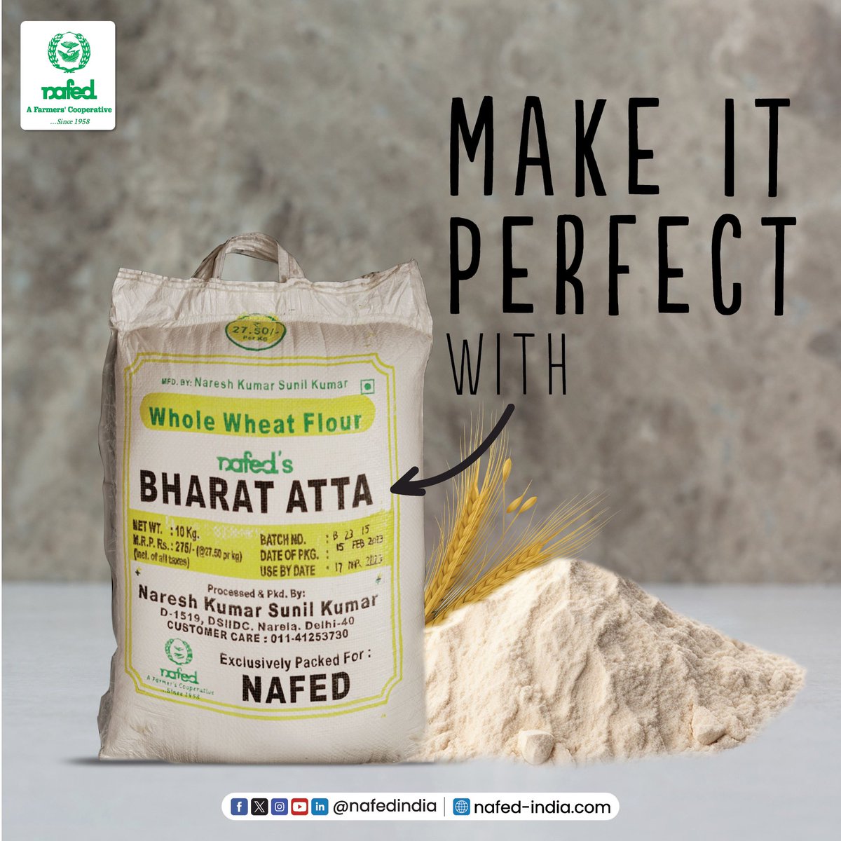 nafedindia's tweet photo. Premium quality Bharat Atta at just ₹27.50 per kg, ensures your rotis are always soft, fluffy, and delicious. 

#NAFED #NAFEDIndia #BharatBrand #BharatAtta #HealthyLiving #PerfectRoti https://t.co/yRbUGp4vSk