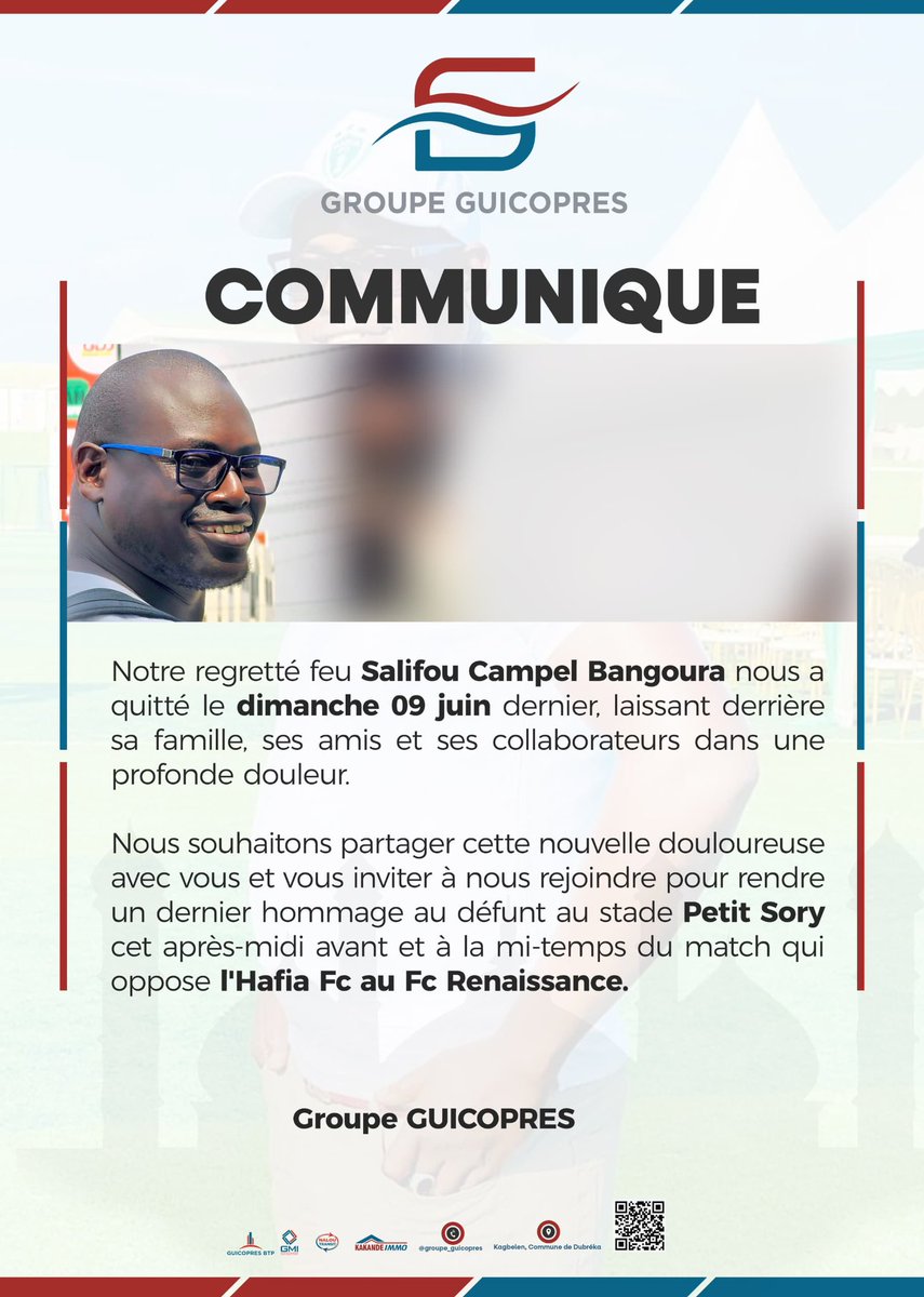 Guicopres_SA's tweet photo. 🚨𝐂𝐎𝐌𝐌𝐔𝐍𝐈𝐐𝐔É🚨

#Groupe_Guicopres #Hommage #Campel #SPS #HafiaFc https://t.co/uoN0CaObPN