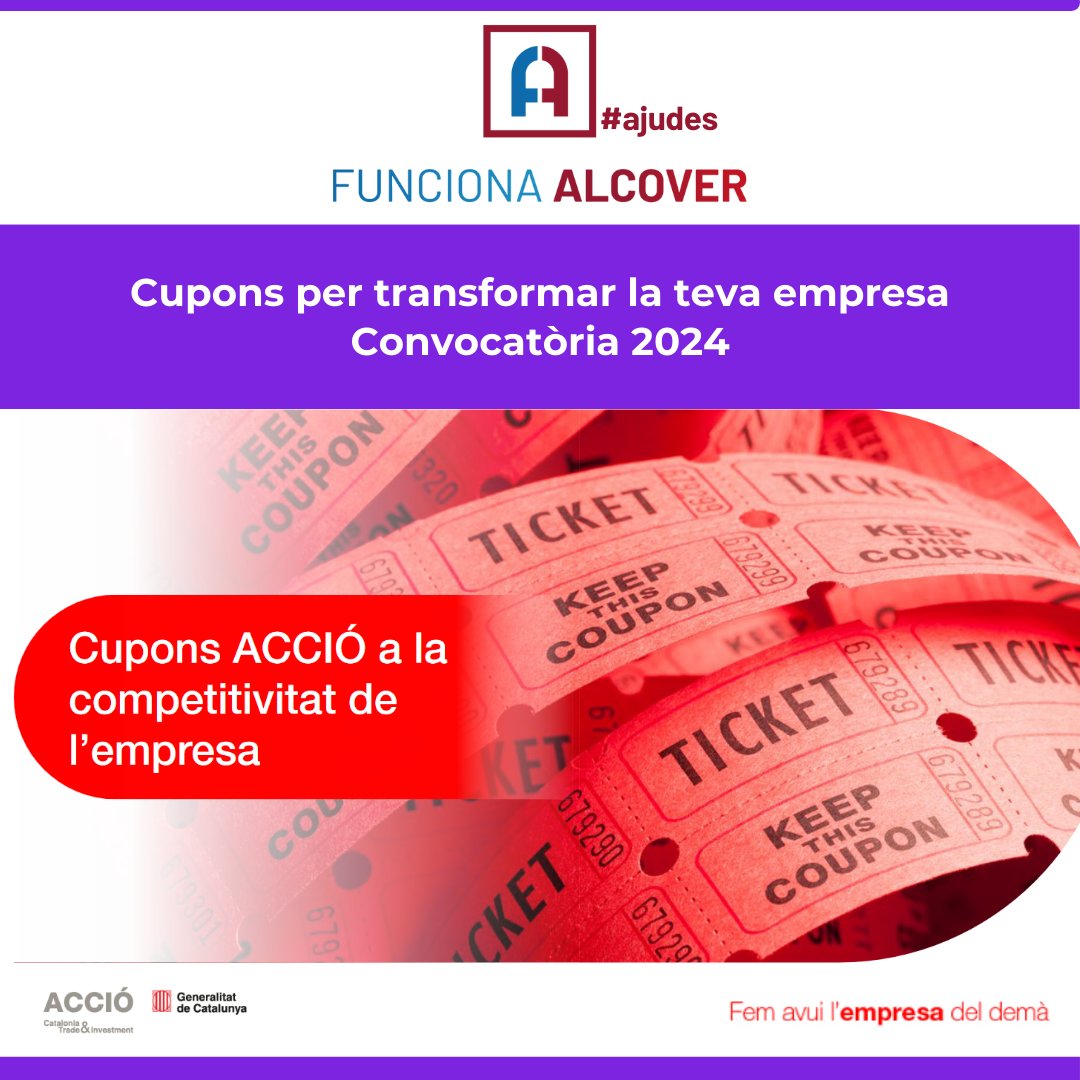 FuncionaAlcover's tweet photo. [EMPRESA] 🪙💳 Ja es poden demanar els Cupons d’ACCIÓ a la competitivitat de l’empresa. Un descompte econòmic directe que es pot bescanviar per un servei expert en internacionalització, innovació, sostenibilitat o noves tecnologies.
ℹ️: https://t.co/7zi6gzevCY https://t.co/xisxfTWTiR