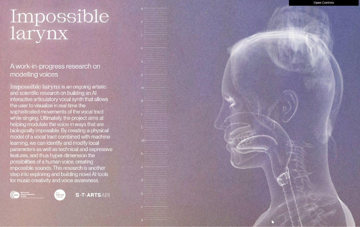 BSC Data Viz Group (@bscviz) on Twitter photo <a href="/sonarplusd/">Sónar+D</a> <a href="/MariaArnal/">Eliana Maria Fernandes Arnal Li</a> <a href="/filipponassetti/">Filippo Nassetti</a> @richardvijgen <a href="/STARTSEU/">STARTS</a> 2/5 "Impossible larynx" (Maria Arnal) aims to develop an AI-music tool capable of stretching the physical limits of a human singing voice. Integrate voice processing models and a 3D visualization of the vocal tract that responds in real time to an external voice input. <a href="/sonarplusd/">Sónar+D</a> <a href="/MariaArnal/">Eliana Maria Fernandes Arnal Li</a> <a href="/filipponassetti/">Filippo Nassetti</a> @richardvijgen <a href="/STARTSEU/">STARTS</a> 2/5 "Impossible larynx" (Maria Arnal) aims to develop an AI-music tool capable of stretching the physical limits of a human singing voice. Integrate voice processing models and a 3D visualization of the vocal tract that responds in real time to an external voice input.