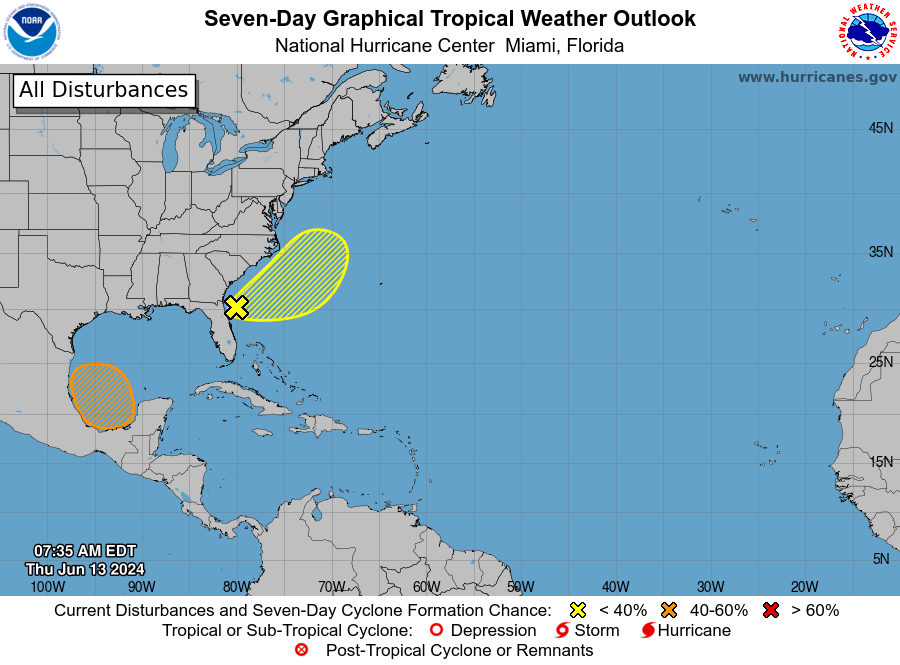 8AM June 13: We are monitoring 2 areas for potential development. Offshore the SE US coast there is a low chance (20%) of development the next 48 hours. In the SW Gulf of Mexico there is a medium chance (40% ) of development over the next 7 days. Visit hurricanes.gov