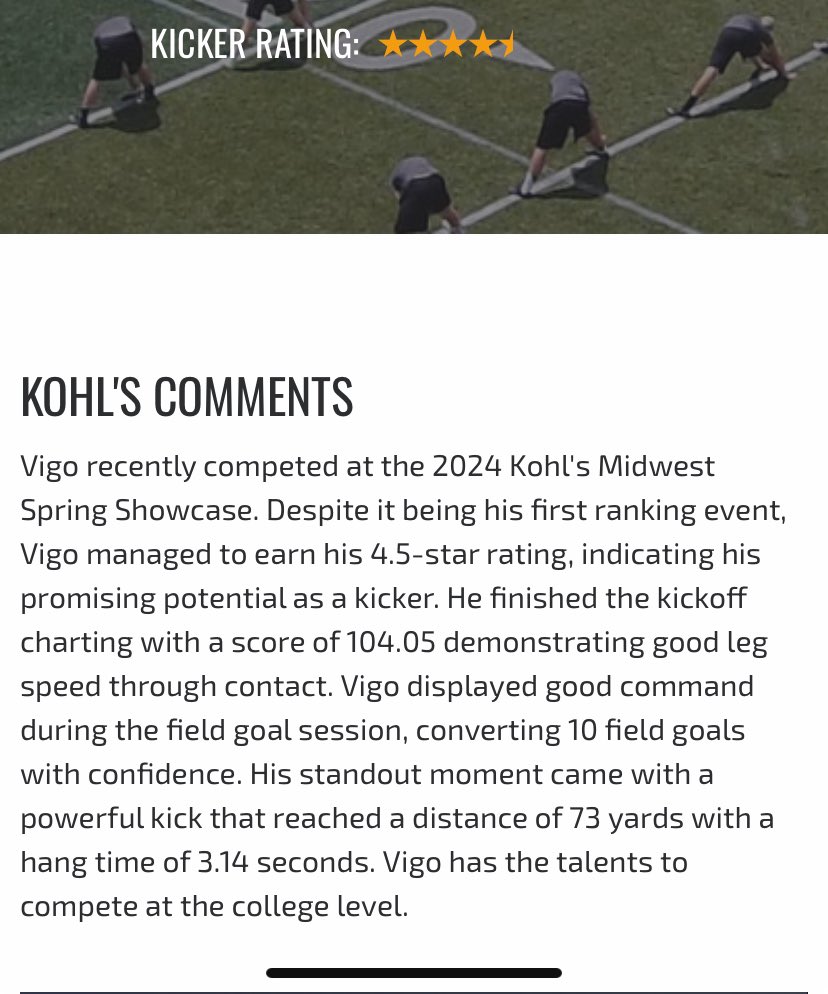After my first Kohls event I am blessed to be ranked a 4.5 ⭐️ <a href="/Plymouth_Ball/">Plymouth Football</a> <a href="/KohlsKicking/">Kohl's Kicking Camps</a> <a href="/KohlsHighlights/">Kicking, Punting, Long Snapping Highlights</a> <a href="/MIexposure/">Michigan Exposure</a> 

kohlskicking.com/player-profile…