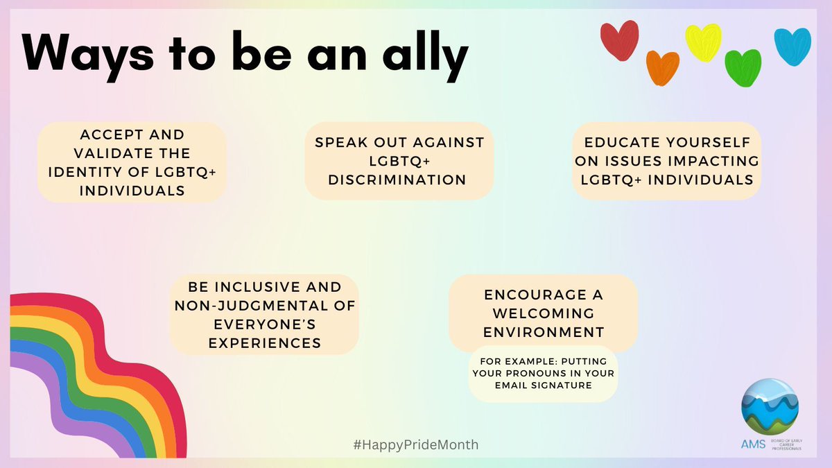 AMSEarlyCareer's tweet image. #PrideMonth: There are several ways to be an ally to the LGBTQIA+ community. Here are a few useful tips to keep in mind!