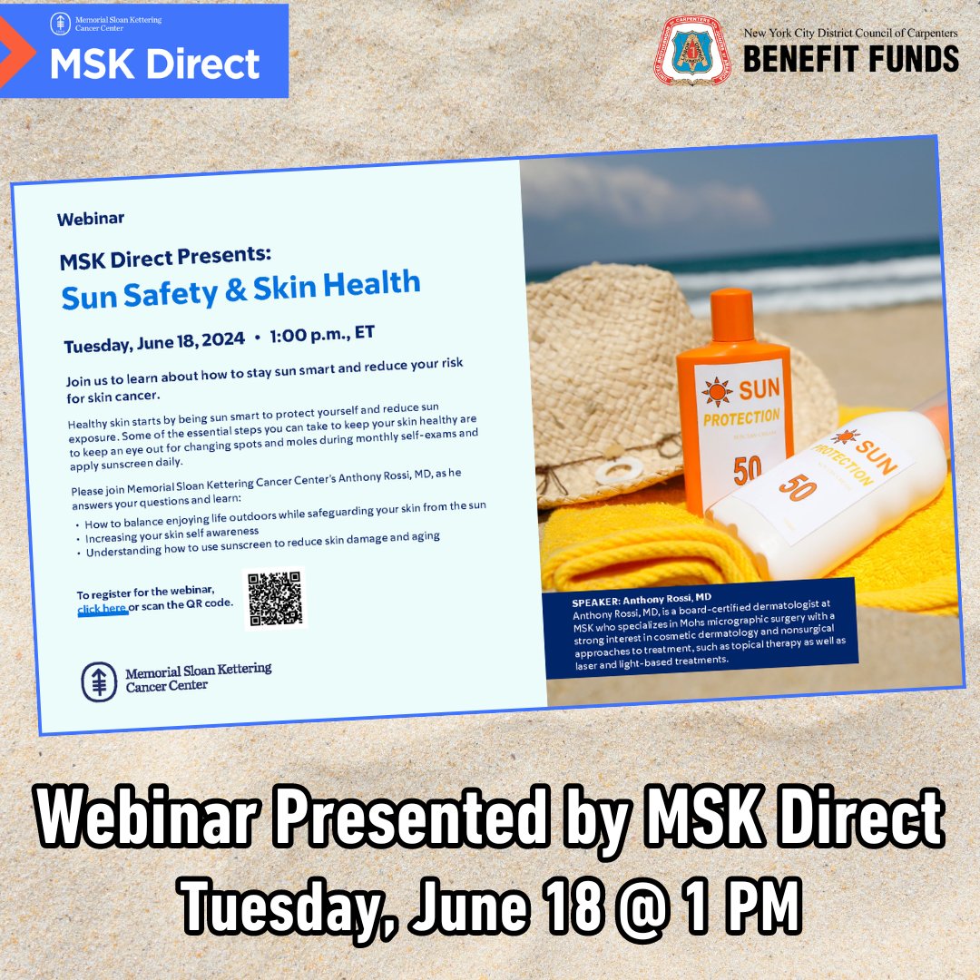 NYCDCCBF's tweet photo. On June 18, @MemorialSloanKettering is offering a Sun Safety &amp; Skin Health webinar, free for #NYCDCC members. As we spend more time working and spending time outdoors this summer, it’s important to be mindful of our sun-exposure and take precautions for our long-term health. https://t.co/N0NzrhmisH