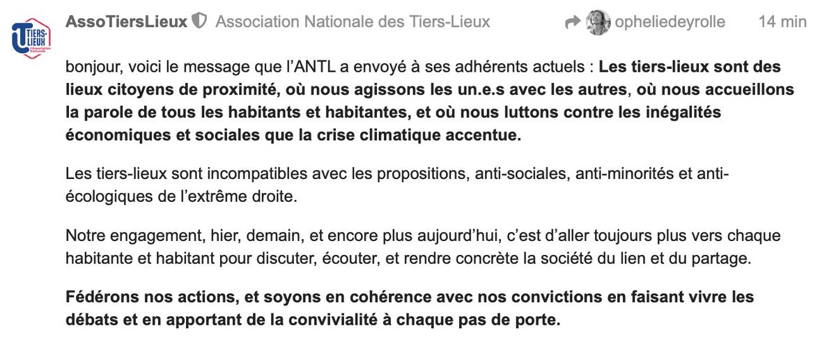 "Les tiers-lieux sont incompatibles avec les propositions, anti-sociales, anti-minorités et anti-écologiques de l’extrême droite." forum.tiers-lieux.org/t/tiers-lieux-…
